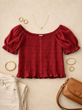 aerie Burgundy Smocked Button-Front Puff Sleeve Top